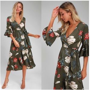 Lulu's Olive Floral Wrap Midi Dress